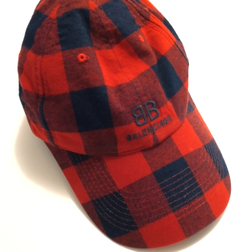 Balenciaga Red + Blue Flannel Baseball Cap